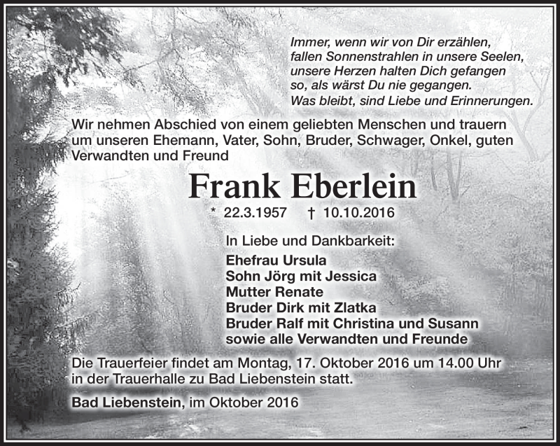  Traueranzeige für Frank Eberlein vom 13.10.2016 aus Südthüringer Presse