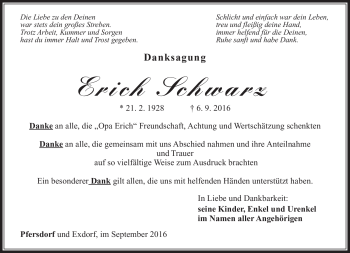 Traueranzeige von Erich Schwarz von Südthüringer Presse