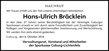 Traueranzeige von Hans-Ulrich Bräcklein von Neue Presse Coburg