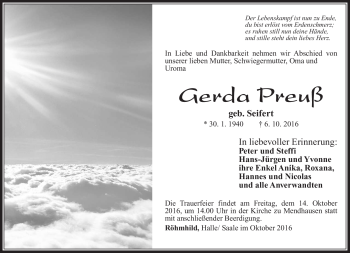 Traueranzeige von Gerda Preuß von Südthüringer Presse