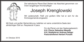 Traueranzeige von Joseph Krenglowski von Frankenpost