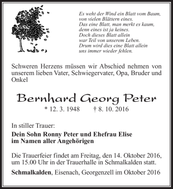 Traueranzeige von Bernhard Georg Peter von Südthüringer Presse