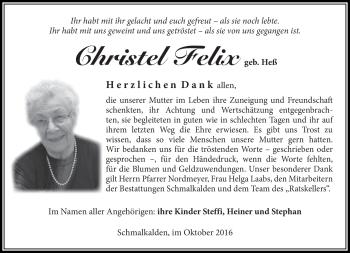 Traueranzeige von Christel Felix von Südthüringer Presse
