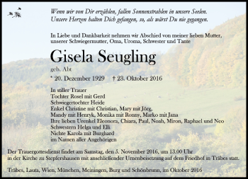 Traueranzeige von Giesela Seugling von Südthüringer Presse