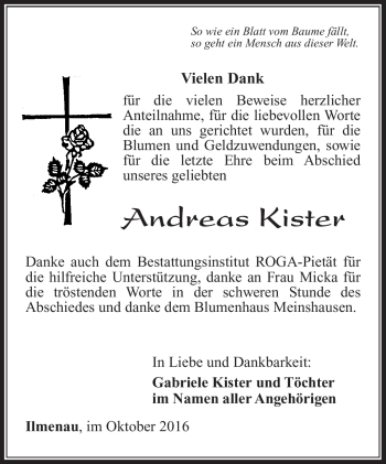 Traueranzeige von Andreas Kister von Südthüringer Presse