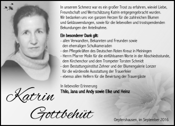 Traueranzeige von Katrin Gottbehüt von Südthüringer Presse
