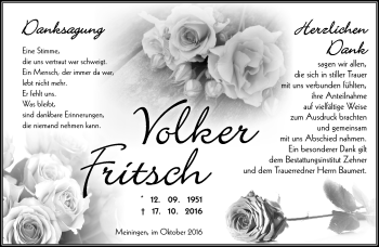Traueranzeige von Volker Fritsch von Südthüringer Presse