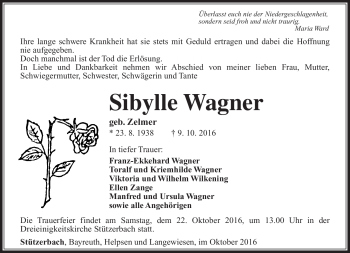 Traueranzeige von Sibylle Wagner von Südthüringer Presse