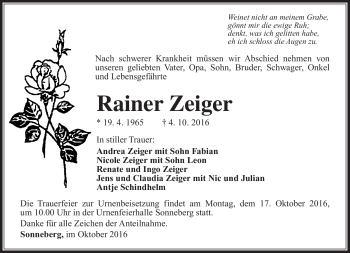 Traueranzeige von Rainer Zeiger von Südthüringer Presse