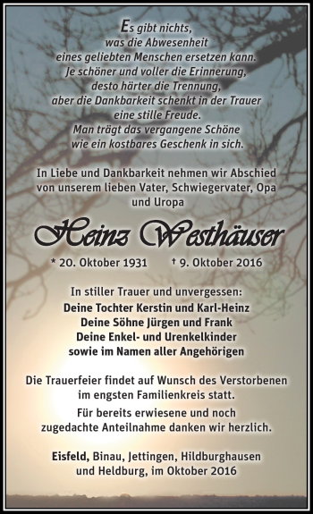 Traueranzeige von Heinz Westhäuser von Südthüringer Presse