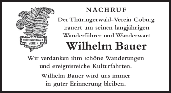Traueranzeige von Wilhelm Bauer von Neue Presse Coburg