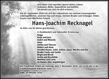 Traueranzeige von Hans-Joachim Recknagel von Südthüringer Presse