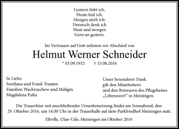 Traueranzeige von Helmut Werner Schneider von Südthüringer Presse