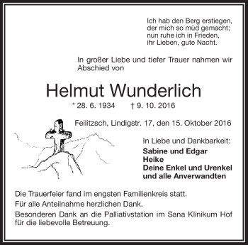 Traueranzeige von Helmut Wunderlich von Frankenpost