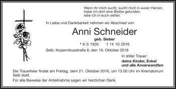 Traueranzeige von Anni Schneider von Frankenpost