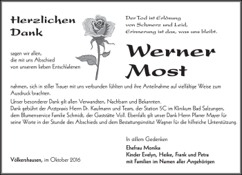Traueranzeige von Werner Most von Südthüringer Presse