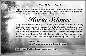 Traueranzeige von Karin Schmee von Südthüringer Presse