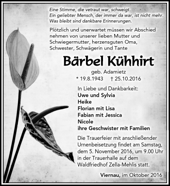 Traueranzeige von Bärbel Kühhirt von Südthüringer Presse