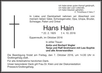 Traueranzeige von Hans Hain von Frankenpost