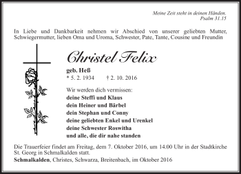 Traueranzeige von Christel Felix von Südthüringer Presse