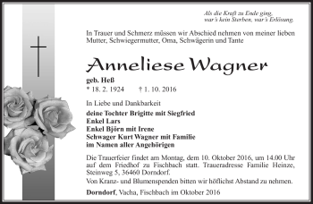Traueranzeige von Anneliese Wagner von Südthüringer Presse