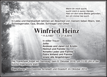 Traueranzeige von Winfreid Heinz von Südthüringer Presse