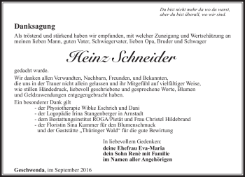 Traueranzeige von Heinz Schneider von Südthüringer Presse