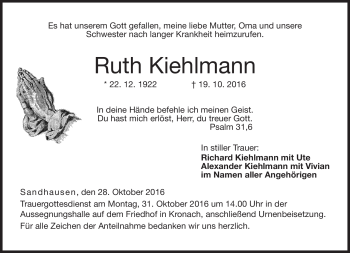Traueranzeige von Ruth Kiehlmann von Neue Presse Coburg
