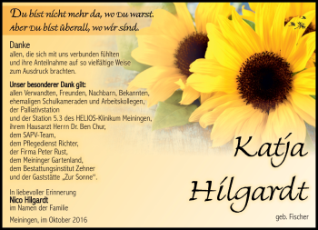 Traueranzeige von Katja Hilgardt von Südthüringer Presse