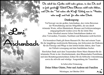 Traueranzeige von Helene Aschenbach von Südthüringer Presse