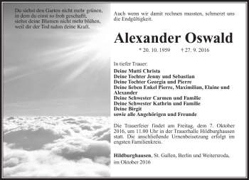 Traueranzeige von Alexander Oswald von Südthüringer Presse