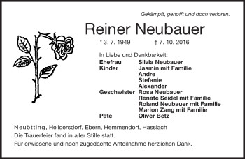 Traueranzeige von Reiner Neubauer von Neue Presse Coburg