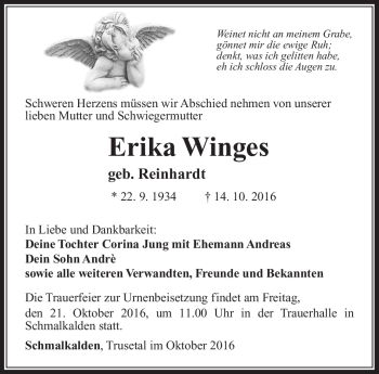 Traueranzeige von Erika Winges von Südthüringer Presse