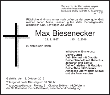 Traueranzeige von Max Biesenecker von Neue Presse Coburg