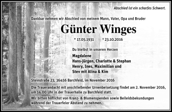 Traueranzeige von Günter Winges von Südthüringer Presse