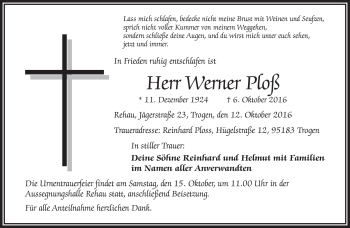 Traueranzeige von Werner Ploß von Frankenpost