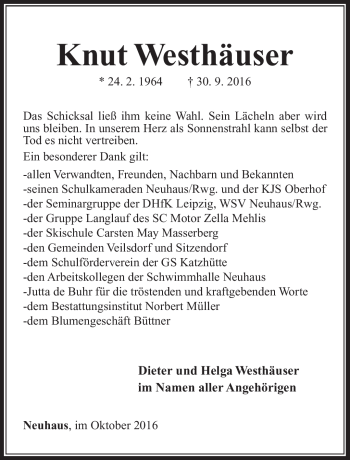 Traueranzeige von Knut Westhäuser von Südthüringer Presse