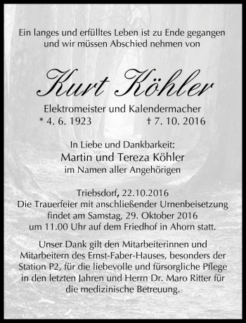 Traueranzeige von Kurt Köhler von Neue Presse Coburg