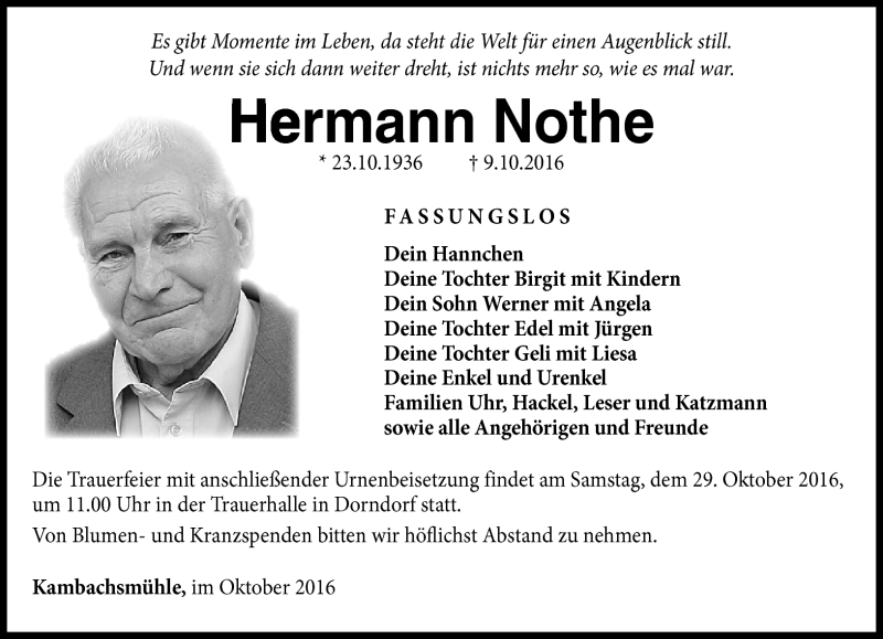  Traueranzeige für Hermann Nothe vom 25.10.2016 aus Südthüringer Presse