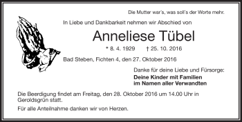 Traueranzeige von Anneliese Tübel von Frankenpost