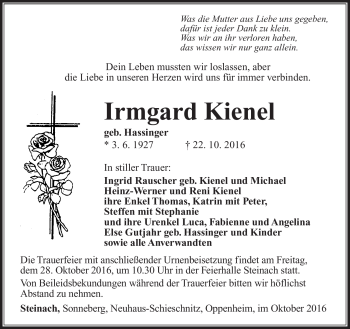 Traueranzeige von Irmgard Kienel von Südthüringer Presse
