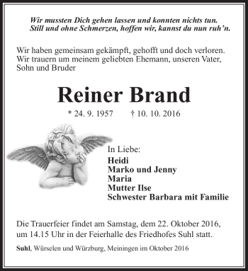 Traueranzeige von Reiner Brand von Südthüringer Presse