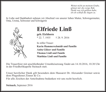 Traueranzeige von Linß Elfriede von Südthüringer Presse