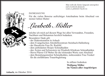 Traueranzeige von Liesbeth Möller von Südthüringer Presse