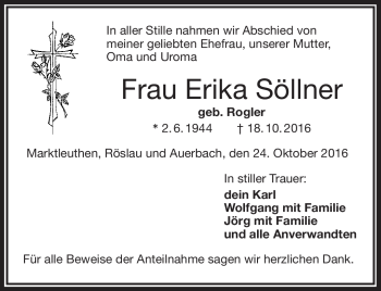 Traueranzeige von Erika Söllner von Frankenpost