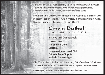 Traueranzeige von Erwin Bathelt von Südthüringer Presse