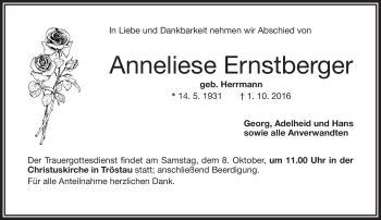 Traueranzeige von Anneliese Ernstberger von Frankenpost