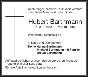 Traueranzeige von Hubert Barthmann von Frankenpost