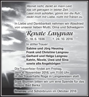 Traueranzeige von Renate Langnau von Südthüringer Presse