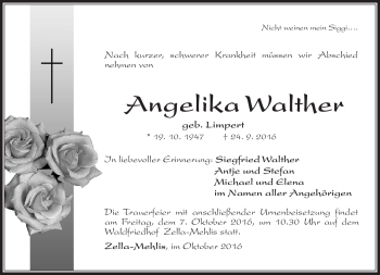 Traueranzeige von Angelika Walther von Südthüringer Presse